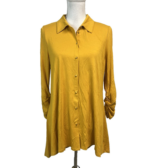 New Direction Button Up Shirt Tunic size Medium Mustard Yellow Stretch Jersey - Picture 1 of 8
